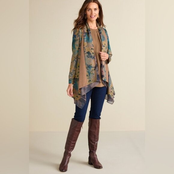 Soft Surroundings Cardigan Tea Gardens Topper Brown Bird...